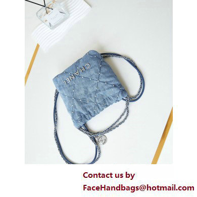 Chanel Washed Denim  &  Silver-Tone Metal CHANEL 22 Mini Handbag AS3980 Blue